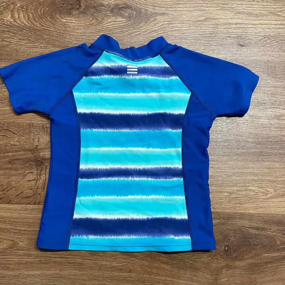 Lands End Blue Teal Girls Short Sleeve Rash Guard Size 4/Small Striped
